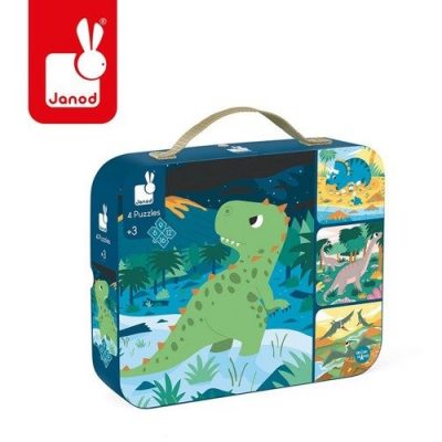 Puzzle progresywne w walizce Dinozaury 4 układanki – 6, 9, 12 i 16 elementów 3+, Janod J02657